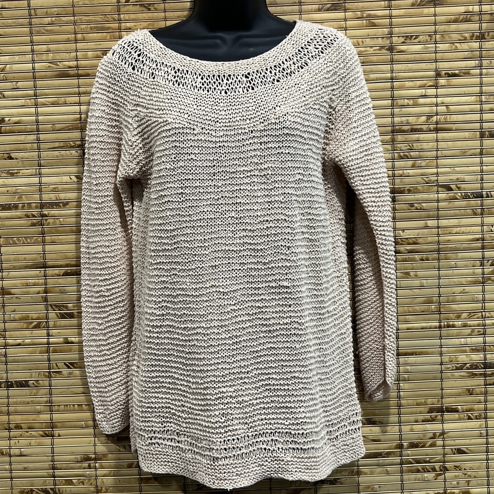 GAP‎ Sweater Womens M Cream 100% Linen Hand Knit Scoop Neck Open Weave Pullover